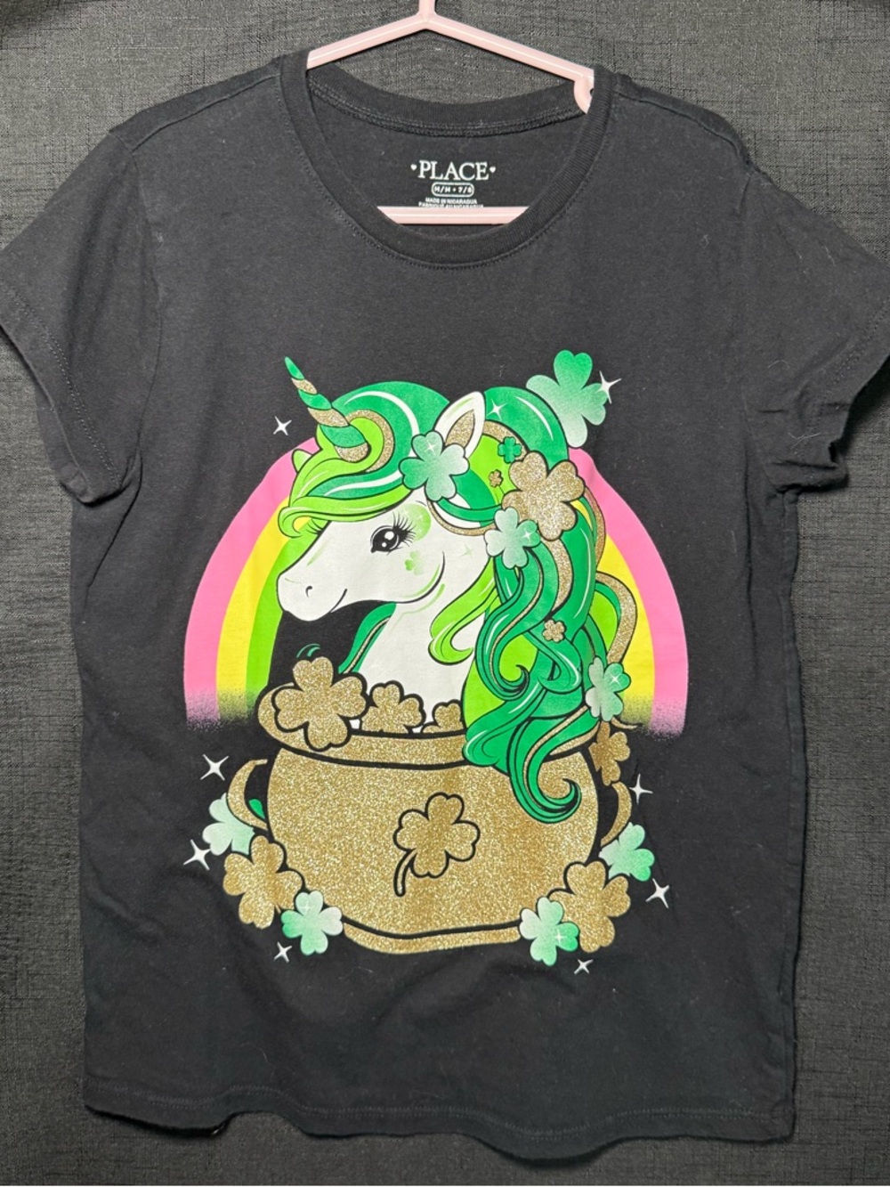 Place Black Tee with Green-Maned Unicorn and Rainbow Pot of Gold